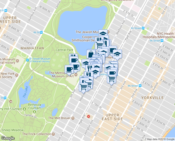 map of restaurants, bars, coffee shops, grocery stores, and more near 1028 5th Avenue in New York