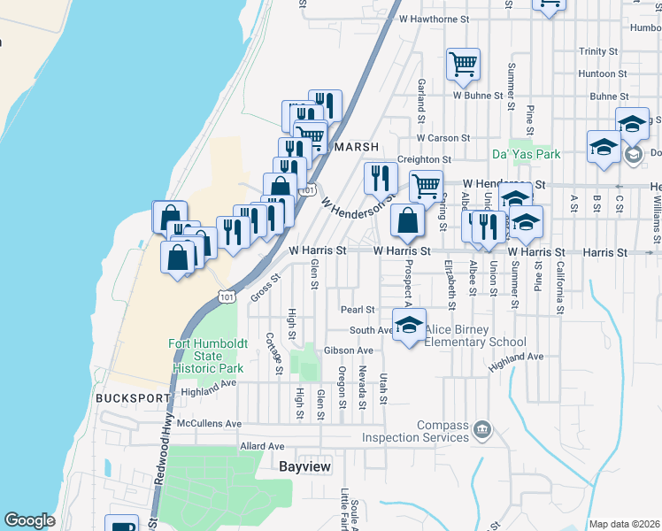 map of restaurants, bars, coffee shops, grocery stores, and more near 975 West Harris Street in Eureka