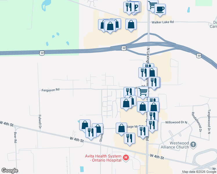 map of restaurants, bars, coffee shops, grocery stores, and more near 2270 Ferguson Road in Ontario