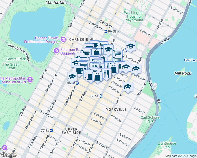 map of restaurants, bars, coffee shops, grocery stores, and more near 211 East 88th Street in New York