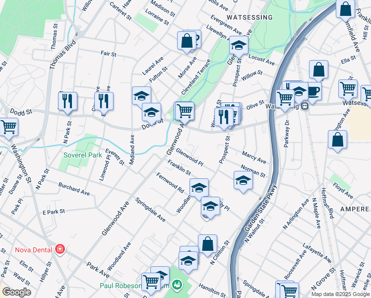map of restaurants, bars, coffee shops, grocery stores, and more near 388 Glenwood Avenue in East Orange