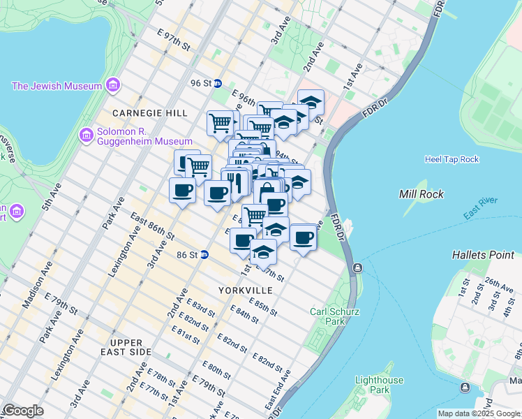 map of restaurants, bars, coffee shops, grocery stores, and more near 327 East 90th Street in New York