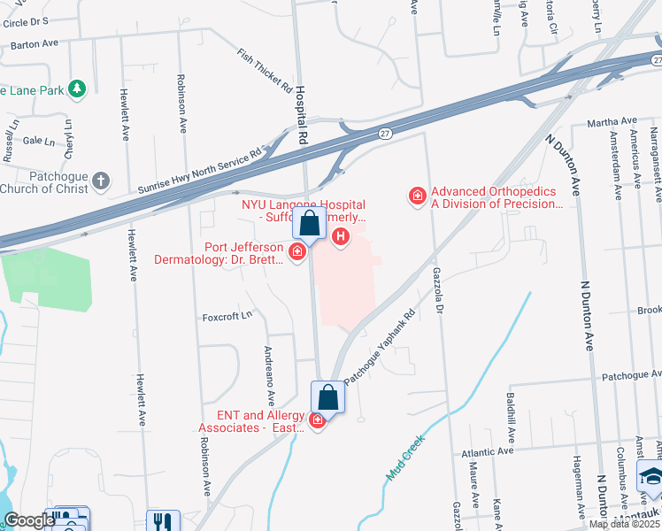 map of restaurants, bars, coffee shops, grocery stores, and more near 101 Hospital Road in Patchogue