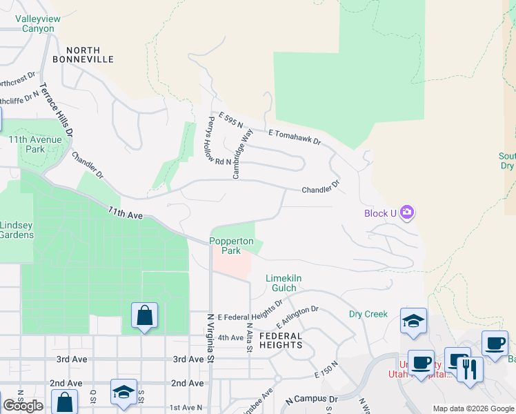 map of restaurants, bars, coffee shops, grocery stores, and more near 1360 Chandler Drive in Salt Lake City