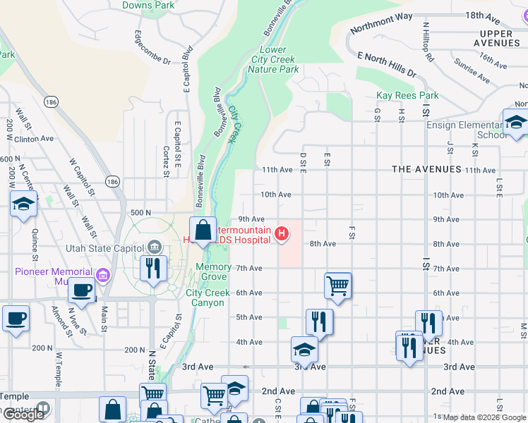 map of restaurants, bars, coffee shops, grocery stores, and more near 482 B Street East in Salt Lake City