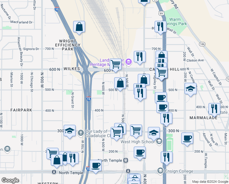 map of restaurants, bars, coffee shops, grocery stores, and more near 516-520 400 North in Salt Lake City