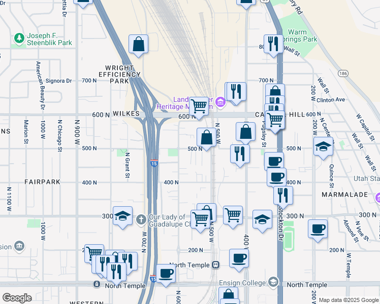 map of restaurants, bars, coffee shops, grocery stores, and more near 566 500 North in Salt Lake City