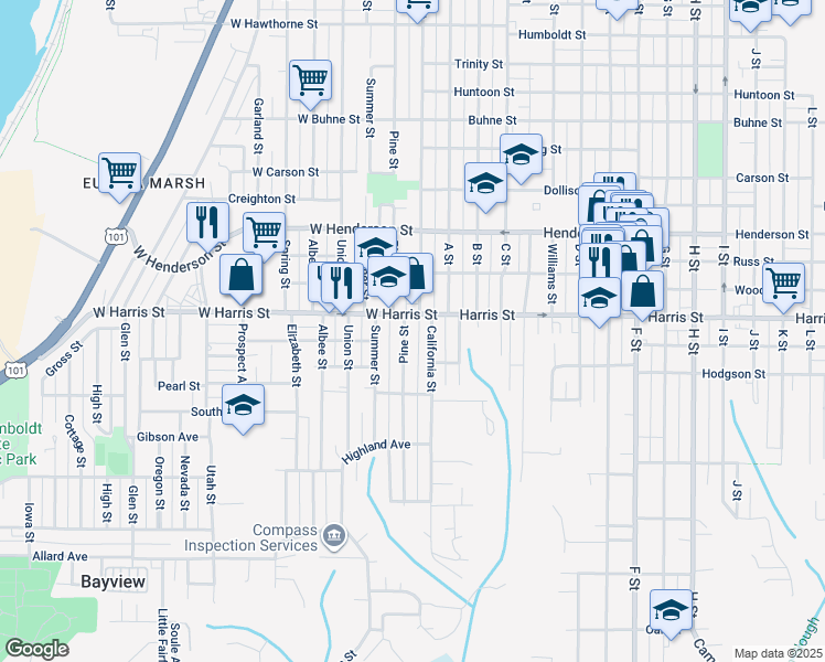 map of restaurants, bars, coffee shops, grocery stores, and more near 211 West Harris Street in Eureka