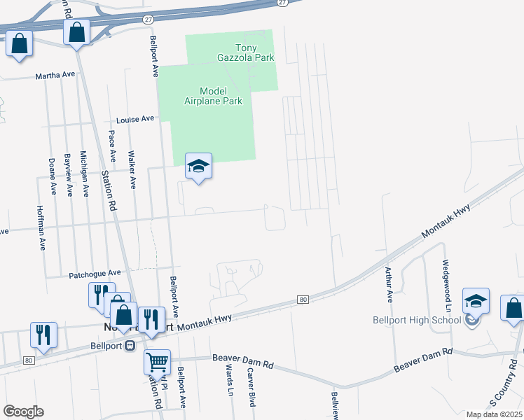 map of restaurants, bars, coffee shops, grocery stores, and more near 685 Brookhaven Avenue in Bellport