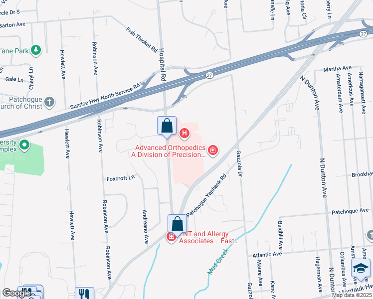 map of restaurants, bars, coffee shops, grocery stores, and more near 101 Hospital Road in Patchogue