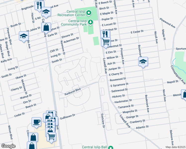 map of restaurants, bars, coffee shops, grocery stores, and more near 56 Weatherby Lane in Central Islip