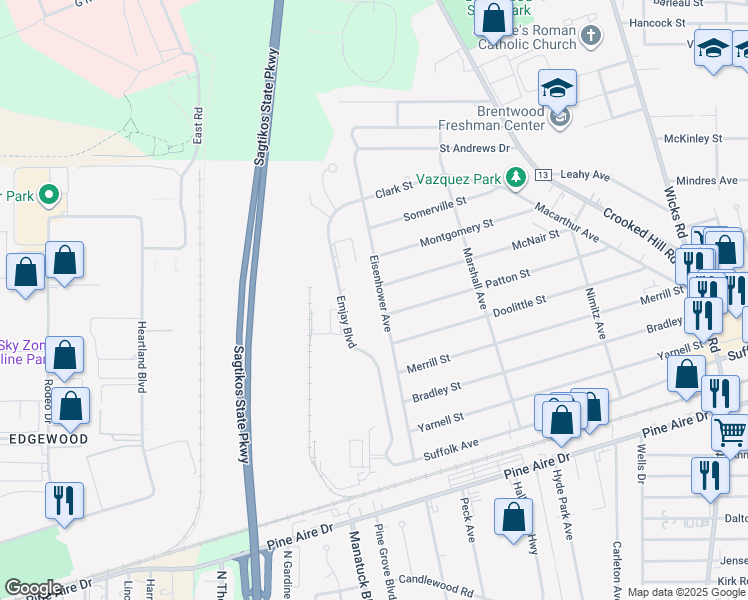 map of restaurants, bars, coffee shops, grocery stores, and more near 56 Eisenhower Avenue in Brentwood