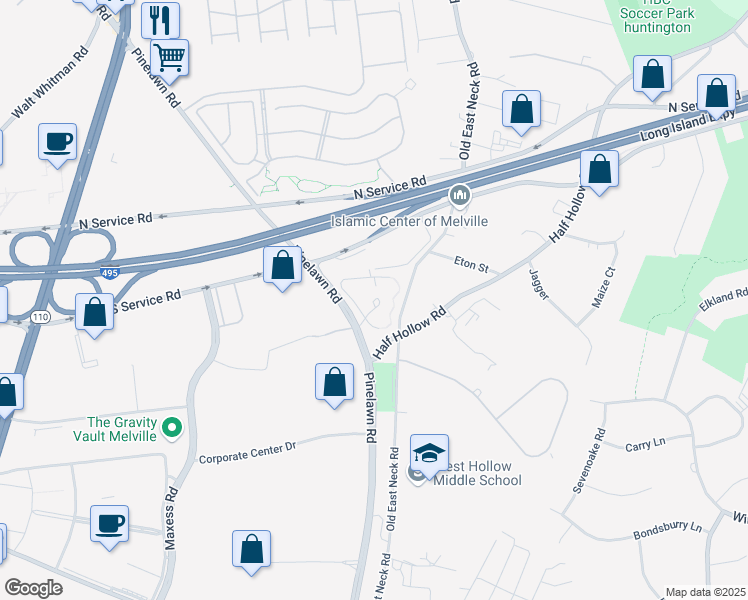 map of restaurants, bars, coffee shops, grocery stores, and more near 70 Pinelawn Road in Melville