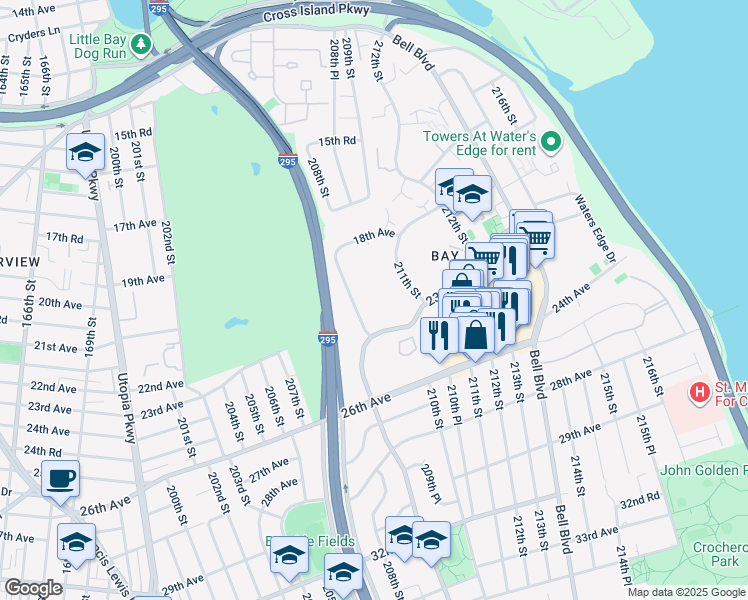 map of restaurants, bars, coffee shops, grocery stores, and more near 18-70 211th Street in Queens