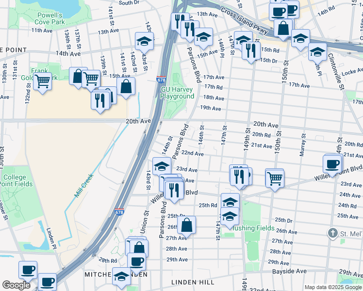 map of restaurants, bars, coffee shops, grocery stores, and more near 41 Parsons Boulevard in Queens