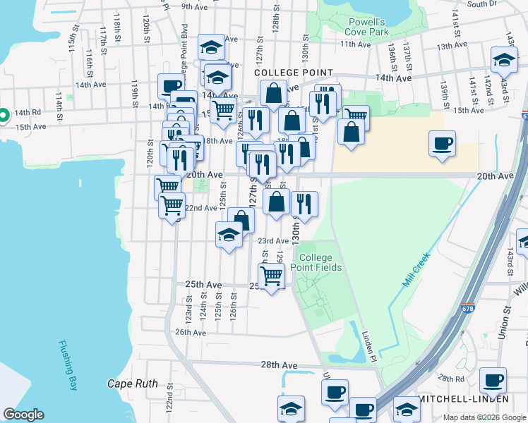 map of restaurants, bars, coffee shops, grocery stores, and more near 20-39 128th Street in Queens