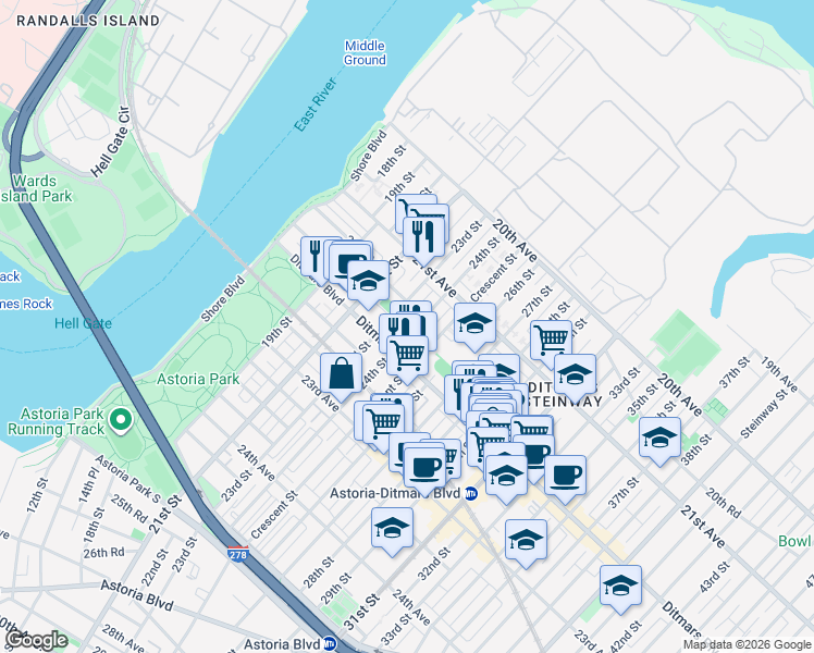 map of restaurants, bars, coffee shops, grocery stores, and more near 21-36 24th Street in Queens