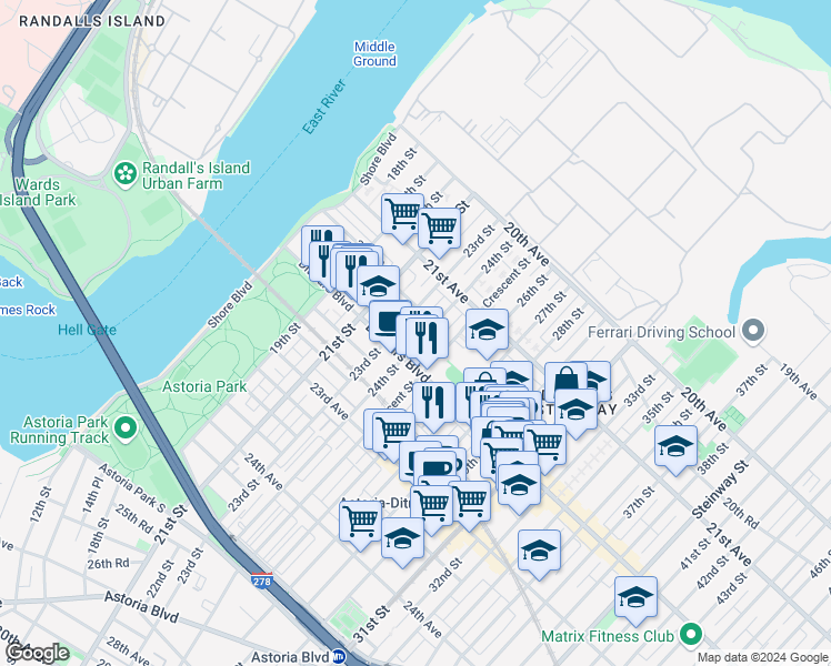 map of restaurants, bars, coffee shops, grocery stores, and more near 21-36 24th Street in Queens