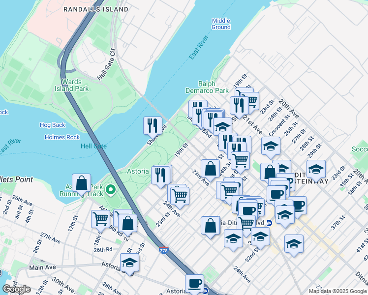 map of restaurants, bars, coffee shops, grocery stores, and more near 22-58 19th Street in Queens