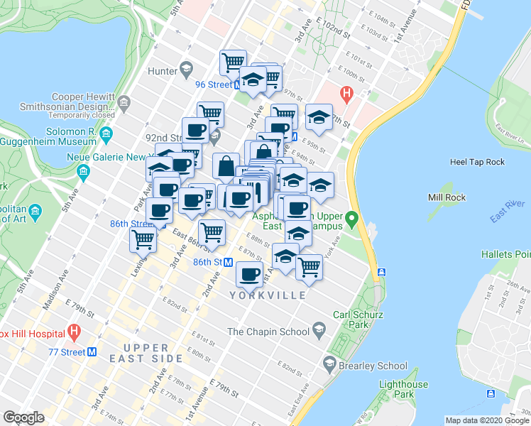 map of restaurants, bars, coffee shops, grocery stores, and more near in New York
