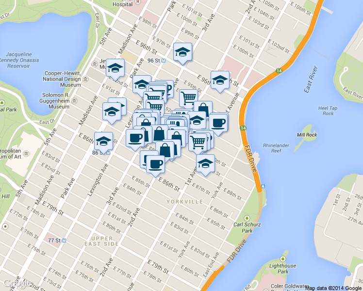 map of restaurants, bars, coffee shops, grocery stores, and more near 1718 2nd Avenue in New York