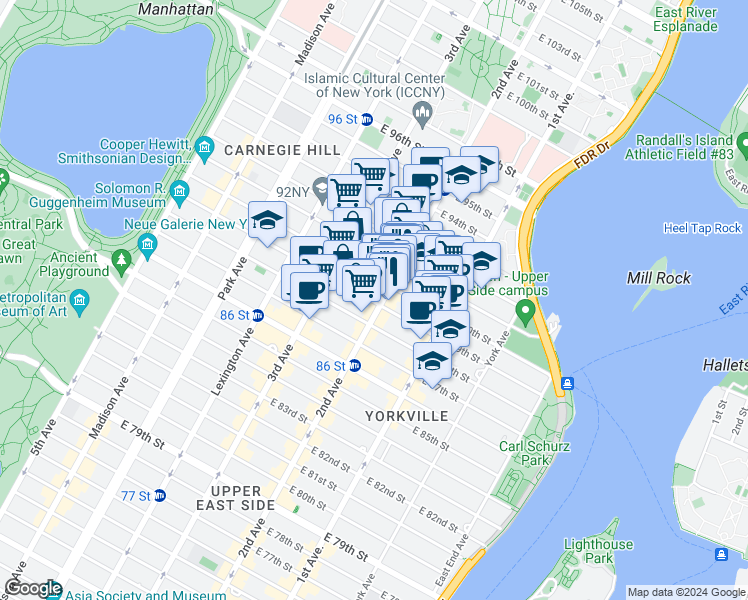map of restaurants, bars, coffee shops, grocery stores, and more near 2nd Avenue in New York
