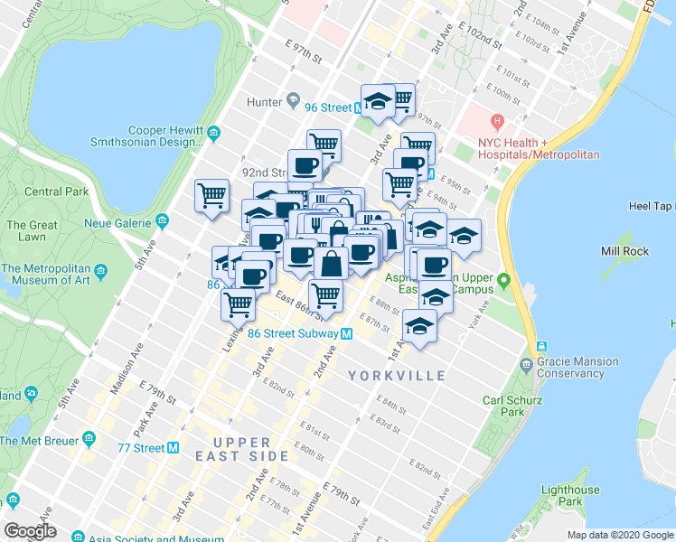 map of restaurants, bars, coffee shops, grocery stores, and more near 232 East 90th Street in New York