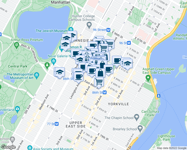 map of restaurants, bars, coffee shops, grocery stores, and more near 1574 3rd Avenue in New York