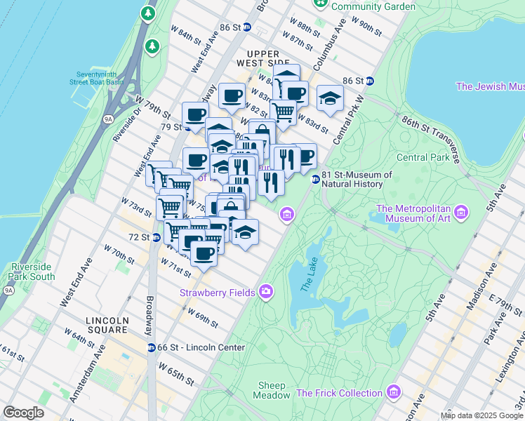 map of restaurants, bars, coffee shops, grocery stores, and more near 44 West 77th Street in New York