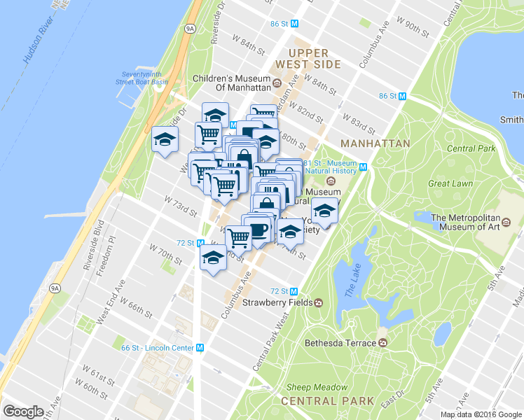 map of restaurants, bars, coffee shops, grocery stores, and more near 141 West 77th Street in New York