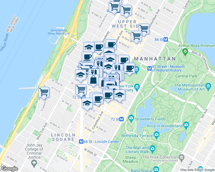 map of restaurants, bars, coffee shops, grocery stores, and more near 141 West 77th Street in New York