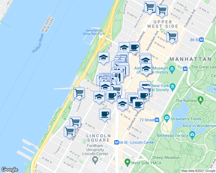 map of restaurants, bars, coffee shops, grocery stores, and more near in New York