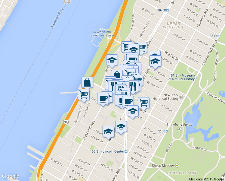map of restaurants, bars, coffee shops, grocery stores, and more near 279 West End Avenue in New York