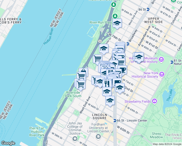 map of restaurants, bars, coffee shops, grocery stores, and more near in New York