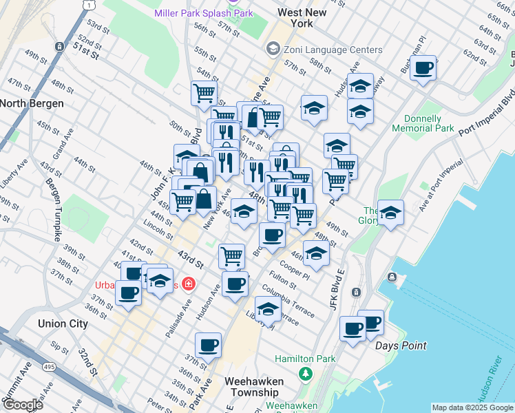 map of restaurants, bars, coffee shops, grocery stores, and more near 218 48th Street in Union City