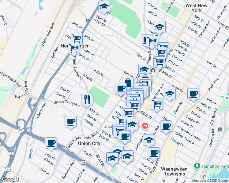 map of restaurants, bars, coffee shops, grocery stores, and more near 1215 43rd Street in North Bergen