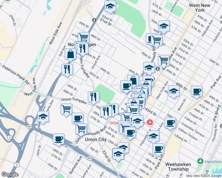 map of restaurants, bars, coffee shops, grocery stores, and more near 1311 43rd Street in North Bergen