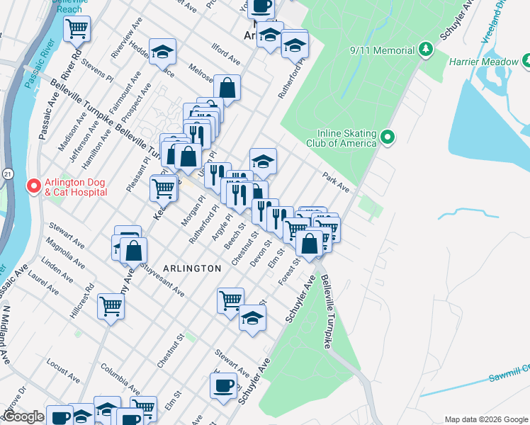 map of restaurants, bars, coffee shops, grocery stores, and more near 50 Exton Avenue in North Arlington