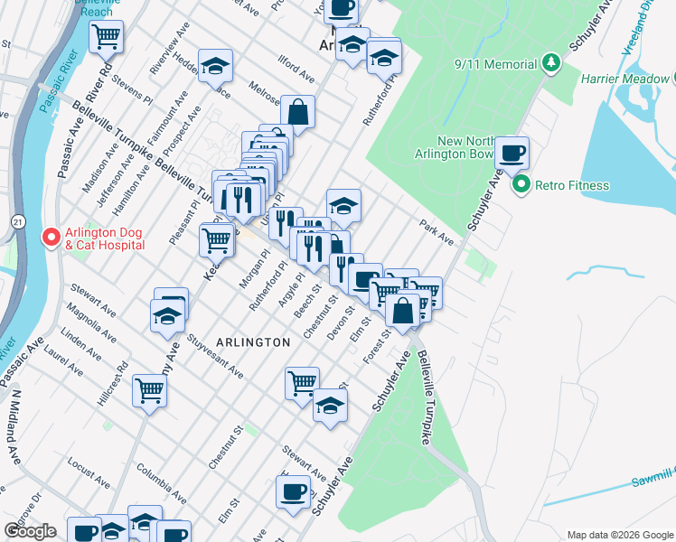 map of restaurants, bars, coffee shops, grocery stores, and more near 19 Beech Street in North Arlington