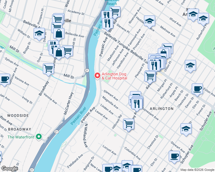 map of restaurants, bars, coffee shops, grocery stores, and more near 8 Bayard Avenue in Kearny