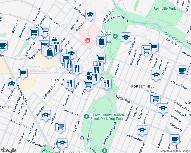 map of restaurants, bars, coffee shops, grocery stores, and more near 900 Franklin Avenue in Newark