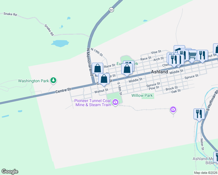 map of restaurants, bars, coffee shops, grocery stores, and more near 1900 Centre Street in Ashland