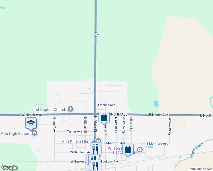 map of restaurants, bars, coffee shops, grocery stores, and more near 746 North Main Street in Ada