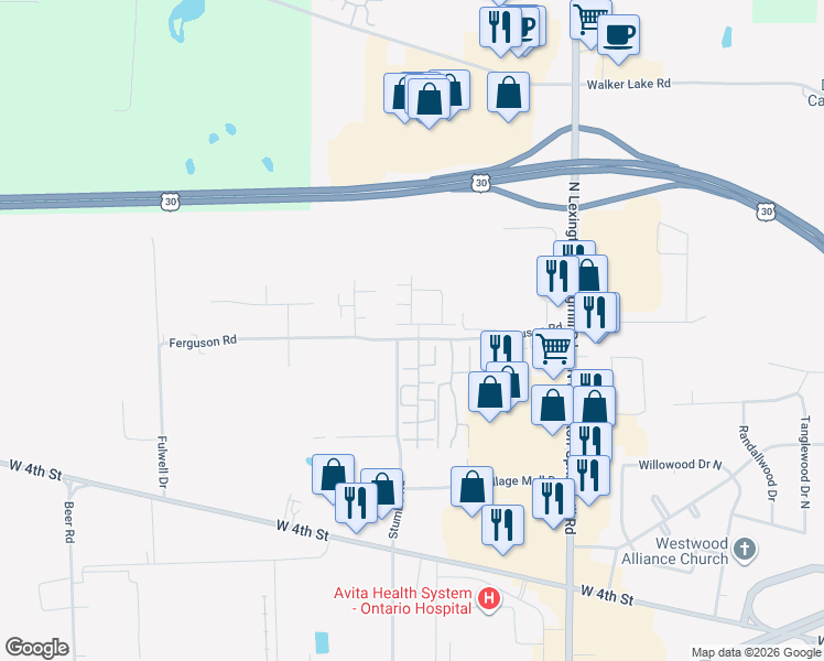 map of restaurants, bars, coffee shops, grocery stores, and more near 2270 Ferguson Road in Ontario