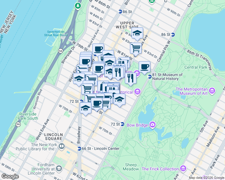 map of restaurants, bars, coffee shops, grocery stores, and more near 106 West 76th Street in New York