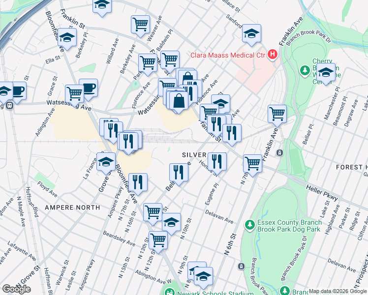 map of restaurants, bars, coffee shops, grocery stores, and more near 165 Belmont Avenue in Belleville
