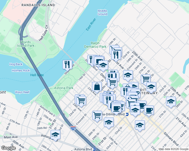 map of restaurants, bars, coffee shops, grocery stores, and more near 22nd Road in Queens