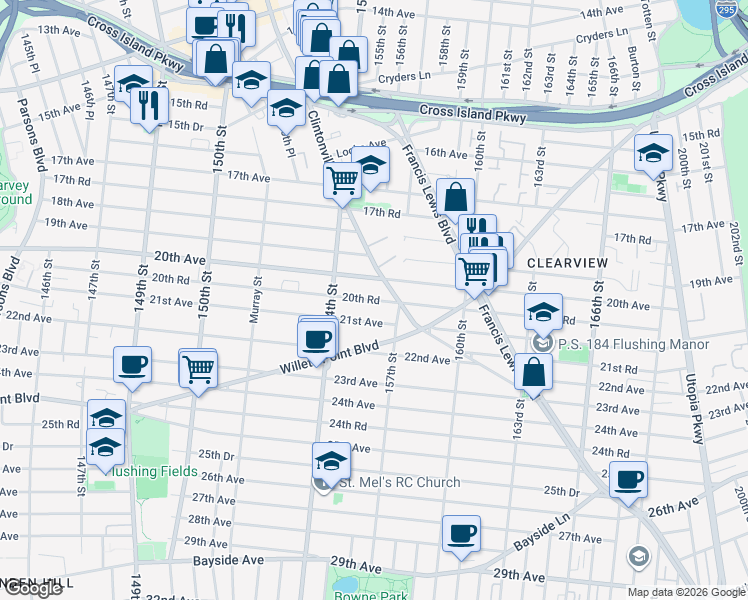 map of restaurants, bars, coffee shops, grocery stores, and more near 154-32 20th Avenue in Queens