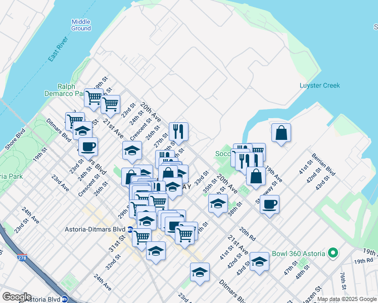 map of restaurants, bars, coffee shops, grocery stores, and more near 29-10 20th Avenue in Queens