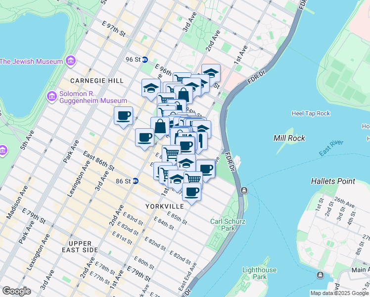 map of restaurants, bars, coffee shops, grocery stores, and more near 333 East 91st Street in New York